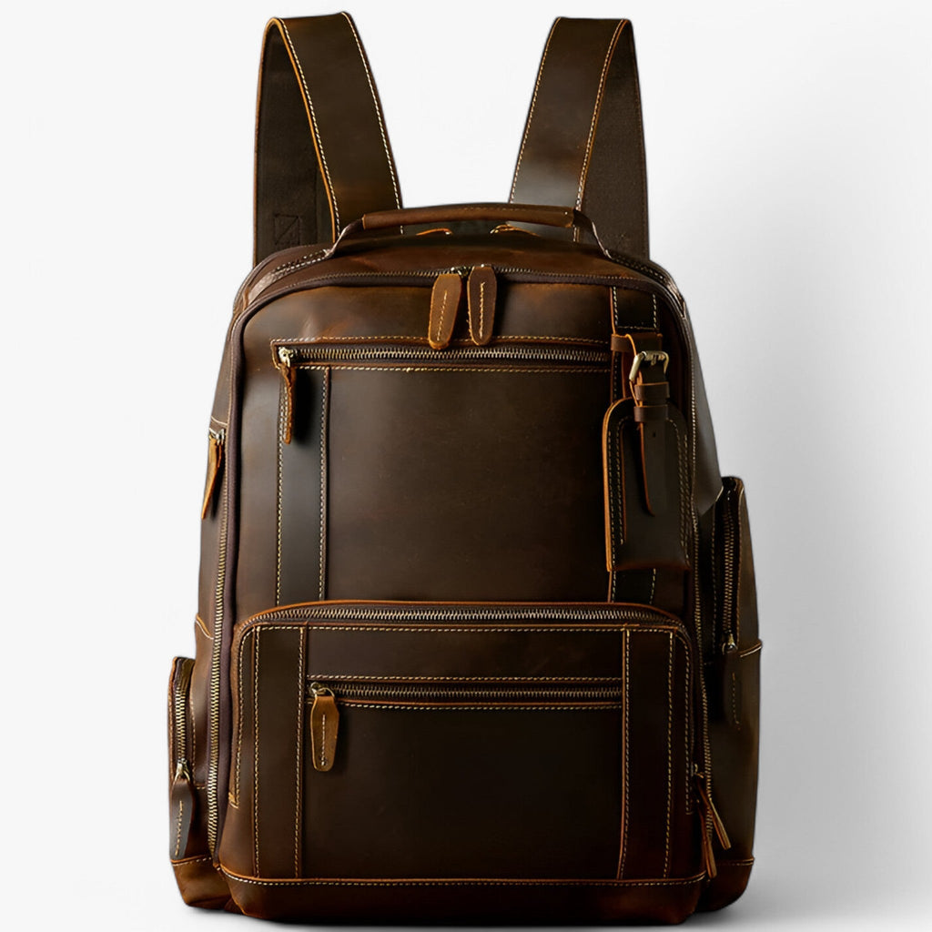 Retro-Style Brown Leather Backpack with Padded Laptop Sleeve