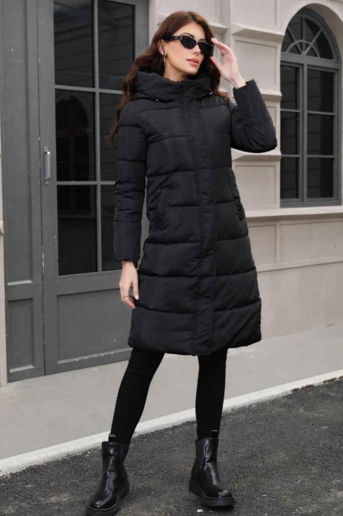 Hooded Longline Padded Jacket with Concealed Button Front