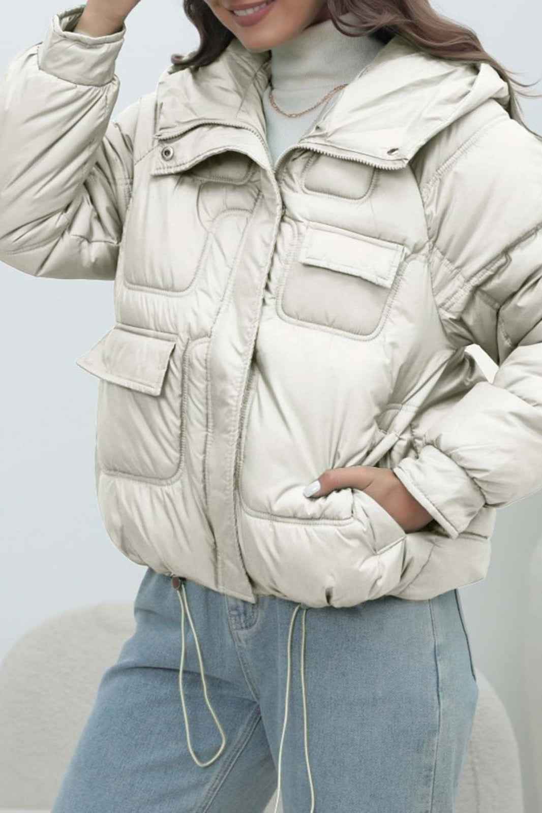 Quilted Hooded Jacket with High Collar and Drawstring Hem