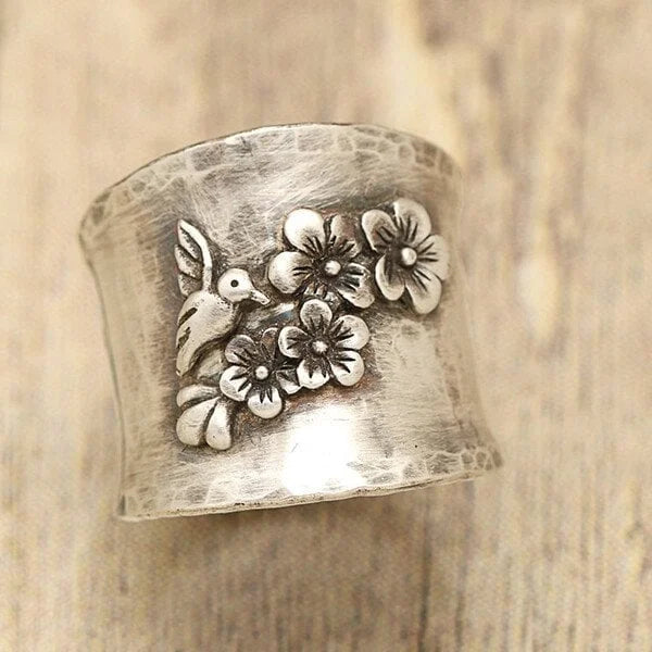 Bird and Flower Wide Band Ring