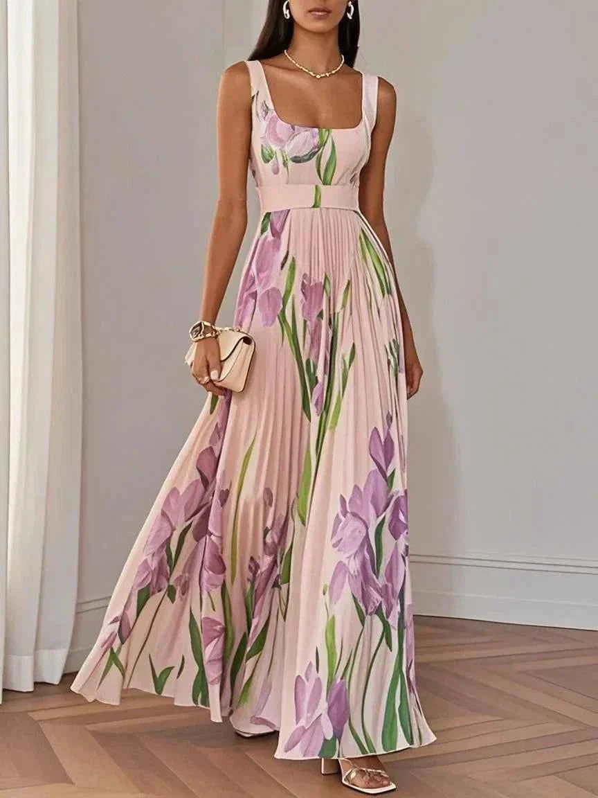 Geplooide chiffon maxi-jurk met vierkante hals en A-lijn rok
