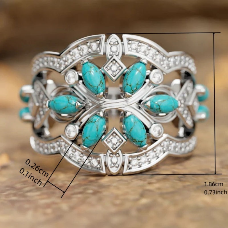Vintage-Style Boho Turquoise Flowers and Vines Ring