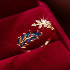 Gold-Tone Leaf Wrap Ring with Sapphire-Look Stones