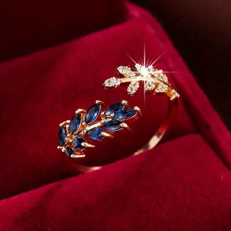 Gold-Tone Leaf Wrap Ring with Sapphire-Look Stones