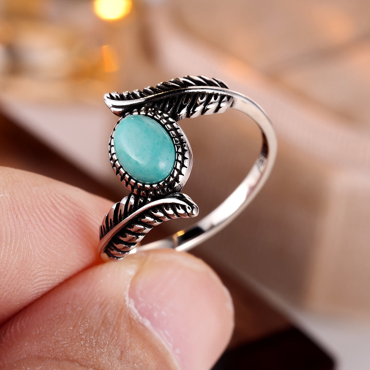 Vintage sterling zilveren bladring met turquoise