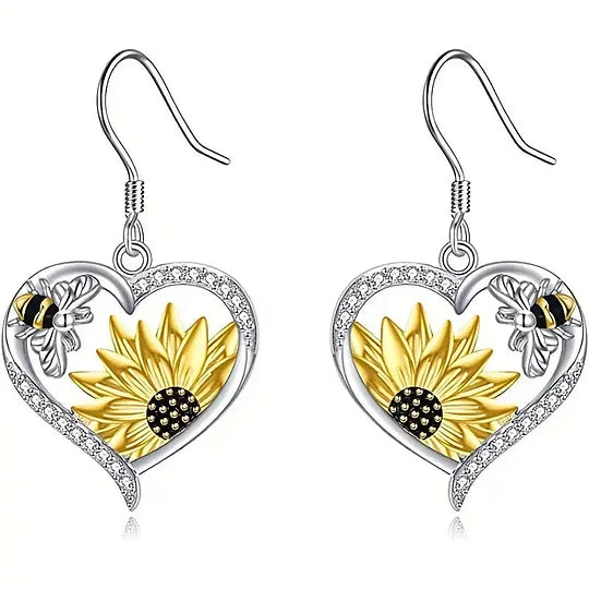 Vintage-Style Sunflower, Bee and Heart Dangle Earrings