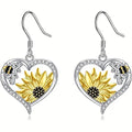 Vintage-Style Sunflower, Bee and Heart Dangle Earrings