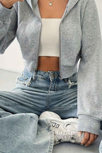 Cropped Zip Through Hoodie with Relaxed Fit and Long Sleeves