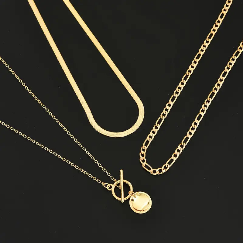 Textured Coin Layered Necklace in Gold Tone