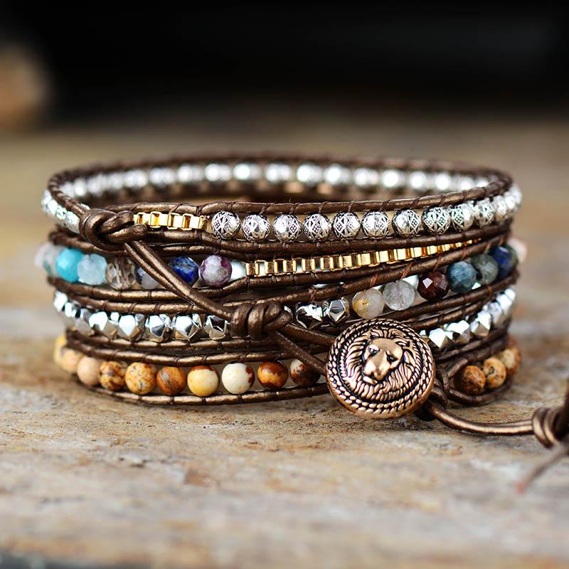 Leather Wrap Bracelet with Natural Gemstone Beads