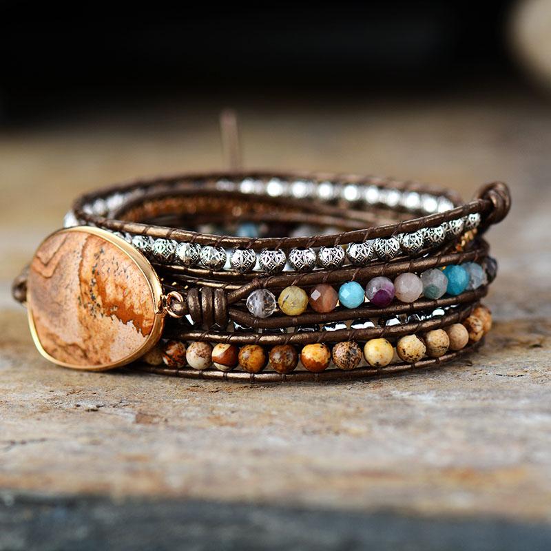 Leather Wrap Bracelet with Natural Gemstone Beads