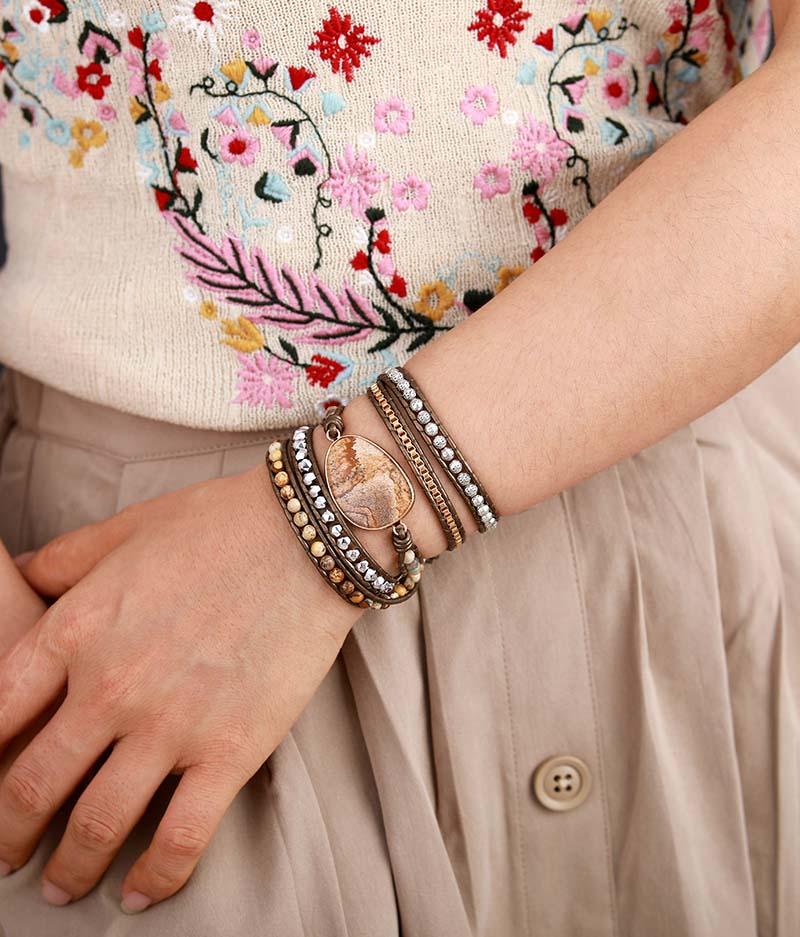 Leather Wrap Bracelet with Natural Gemstone Beads