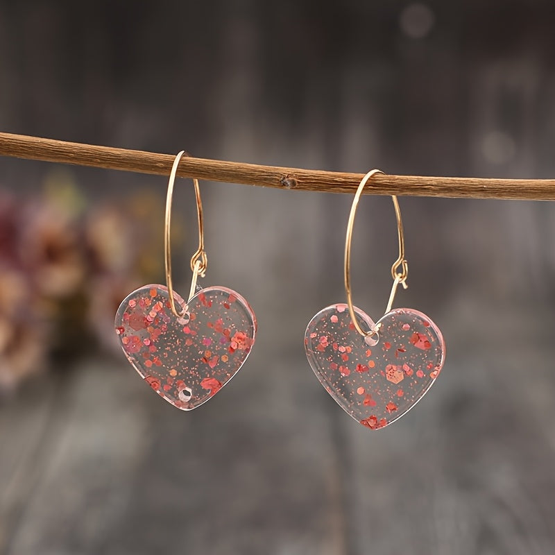 Vintage Resin Glitter Heart Pendant Earrings