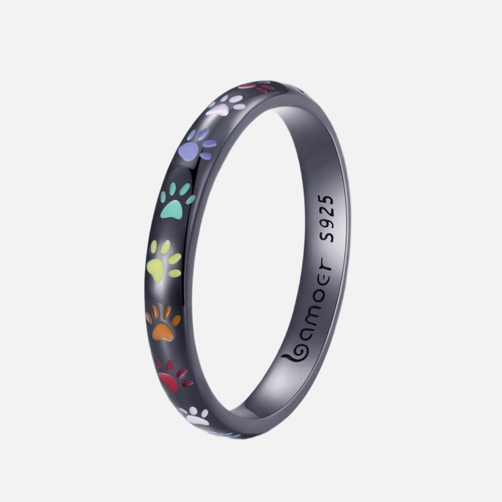 Enamel Paw Print Band Ring with Engraved Message
