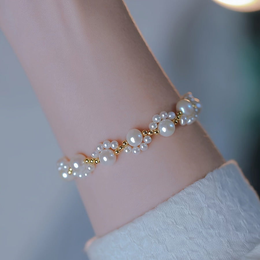 Adjustable Gold-Plated Pearl Bead Bracelet with Cat Paw