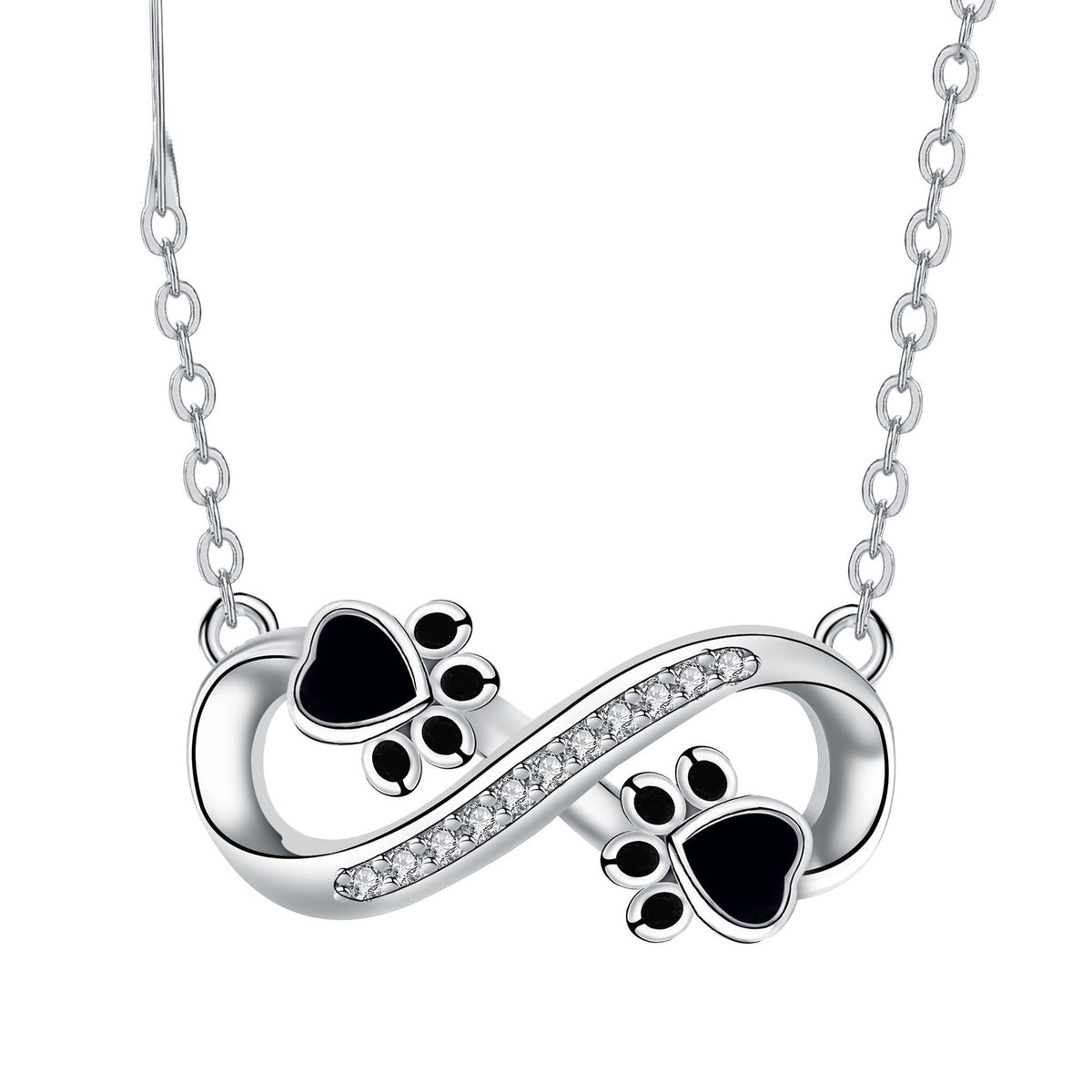 Black Infinity Paw Print Necklace with Zirconia