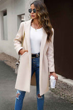 Solid Colour Longline Coat with Notched Collar and Buttons