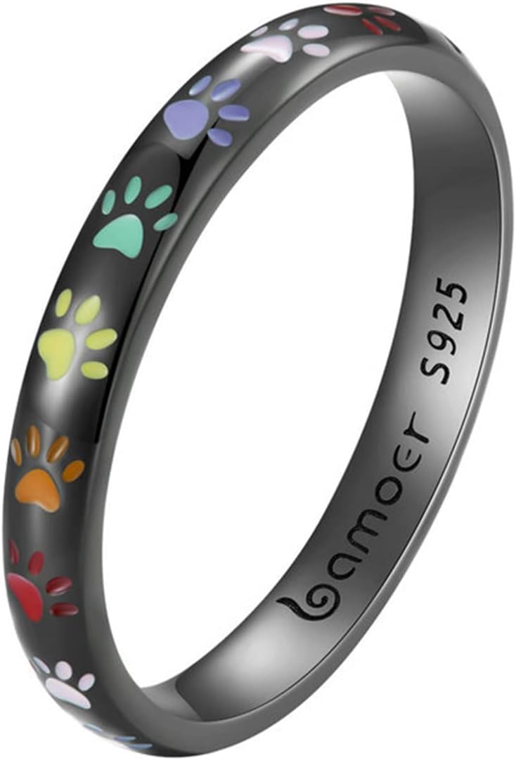 Enamel Paw Print Band Ring with Engraved Message