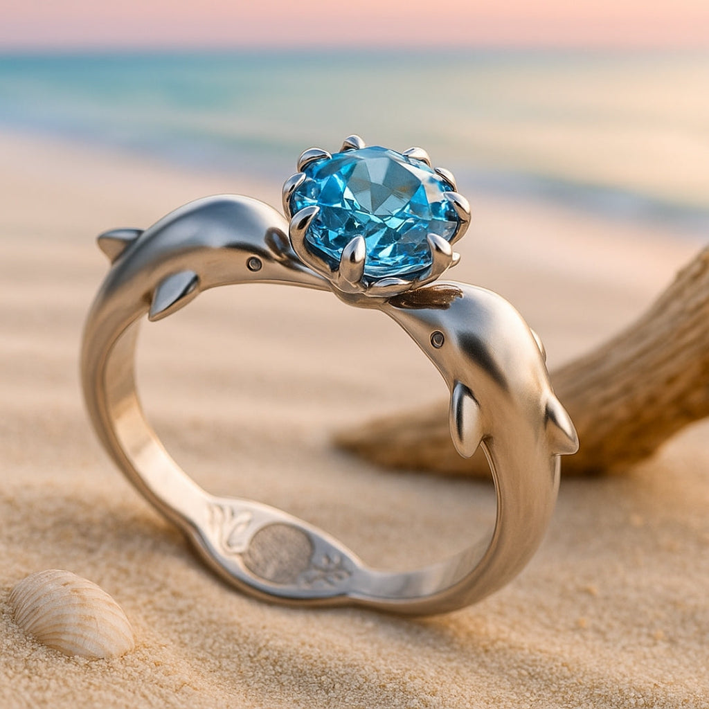Dolphin Kiss Blue Crystal Silver-Tone Ring