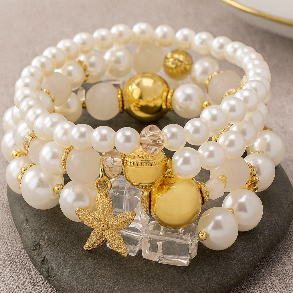 Armbandset met parel en zeester en goudkleurige accenten
