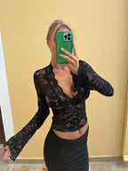 Long Sleeve Lace Wrap Top with Scalloped Neckline