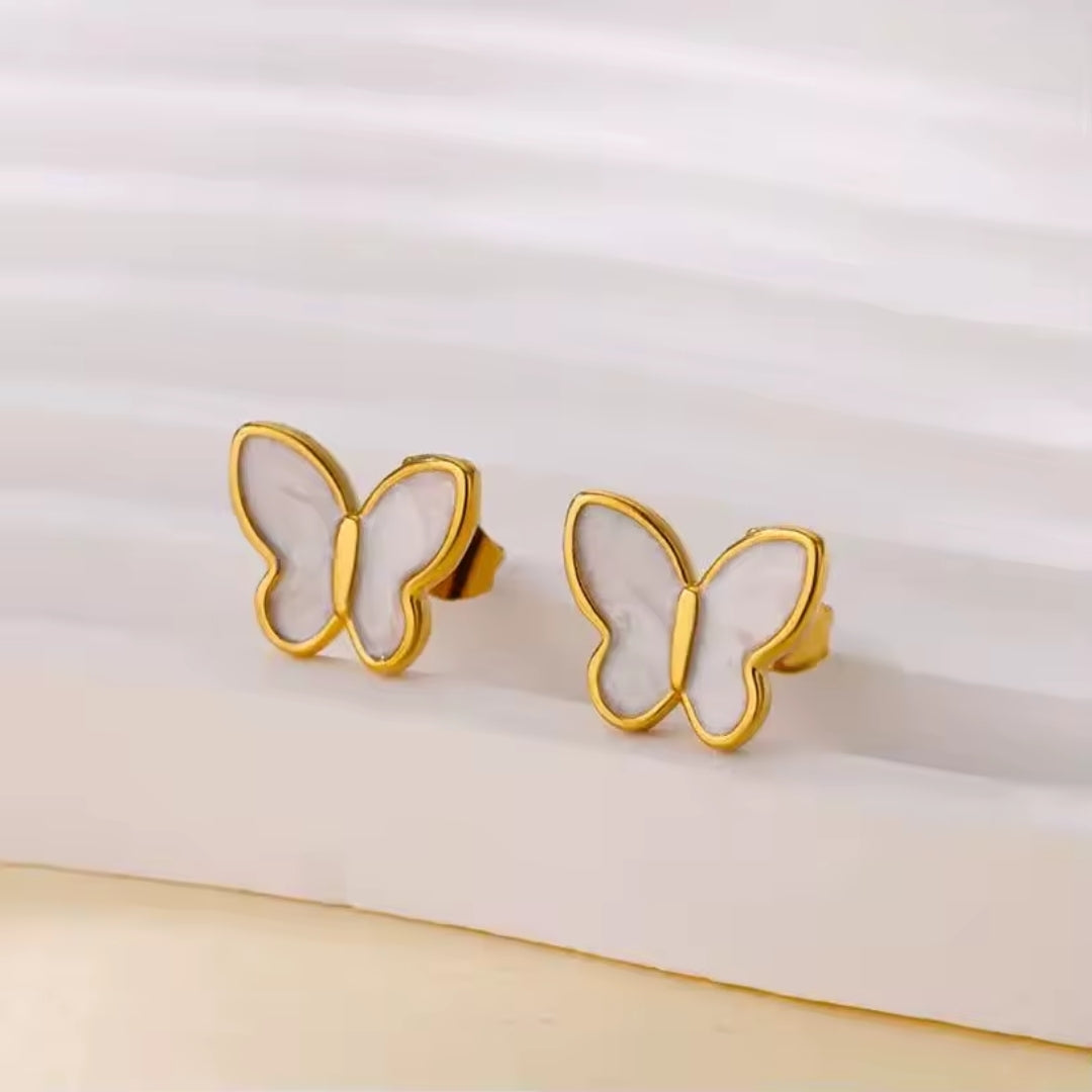 White Enamel Butterfly Gold-Tone Earrings