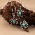 Vintage Turquoise Flower Silver-Plated Necklace and Earring Set