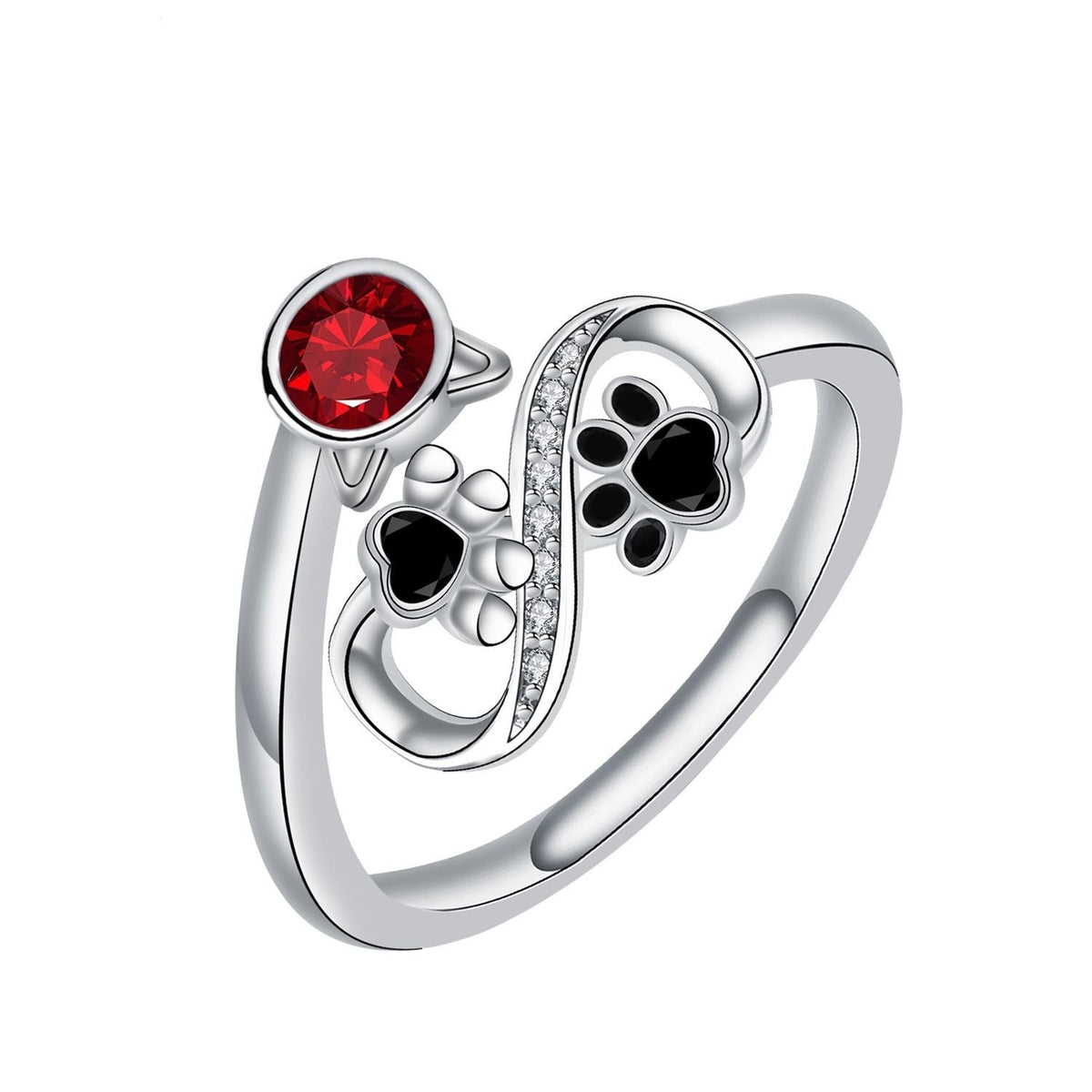 Adjustable Black Paw Print Ring with Red Stone
