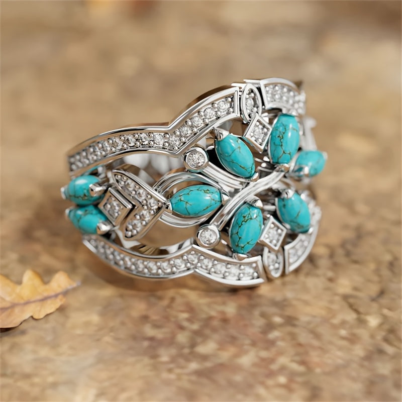 Openwork Statement Ring with Turquoise-Look Stones and Crystals