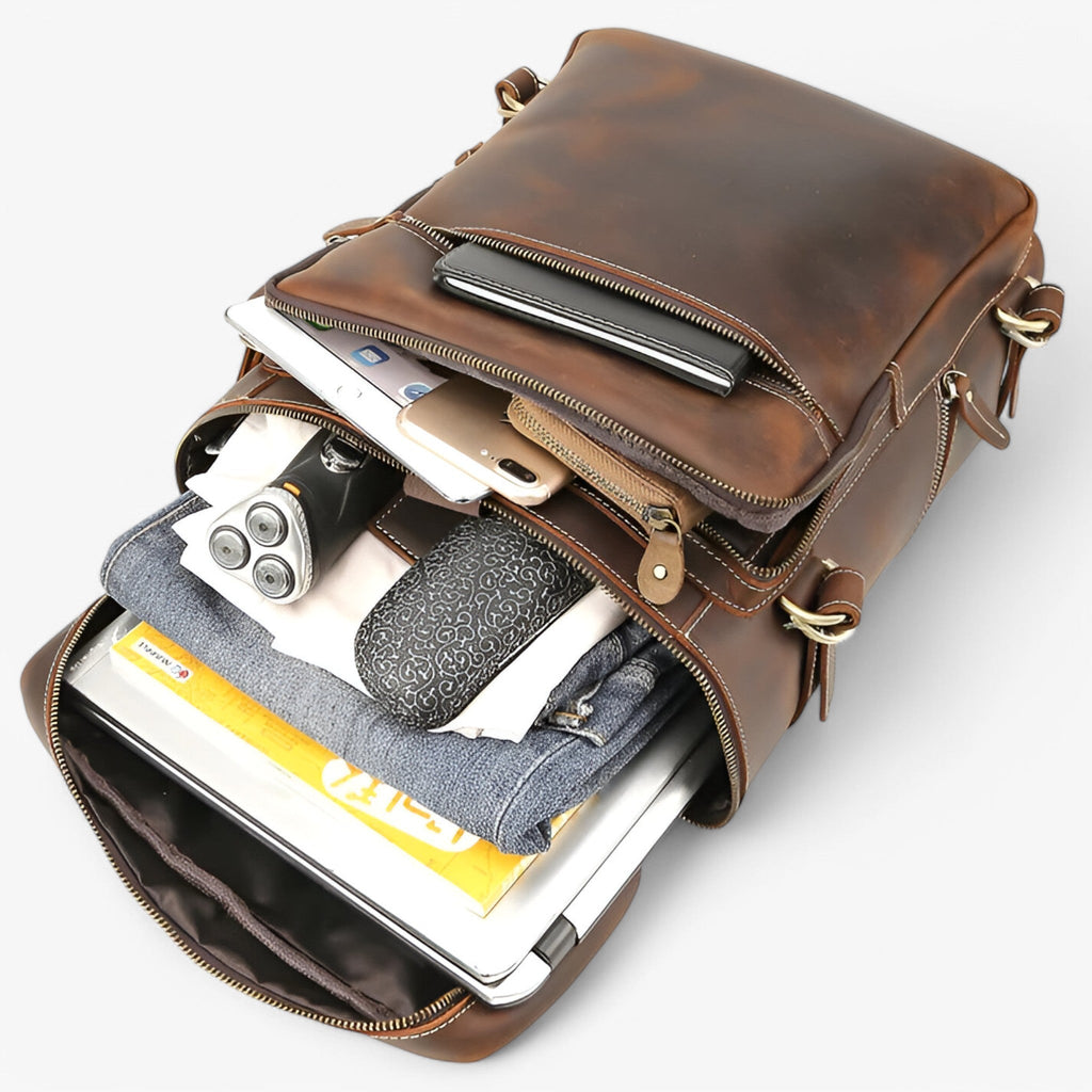 Luxury Full-Grain Leather Laptop Backpack with Padded Back
