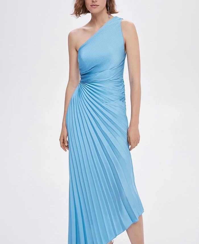 One-Shoulder Pleated Asymmetric Hem Maxi Dress