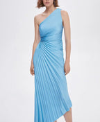 One-Shoulder Pleated Asymmetric Hem Maxi Dress