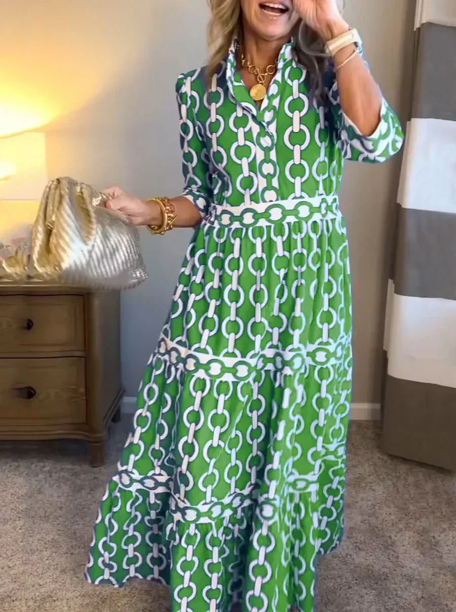 Chain-Link Print Blouson Sleeve Tiered Maxi Dress