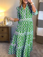 Chain-Link Print Blouson Sleeve Tiered Maxi Dress