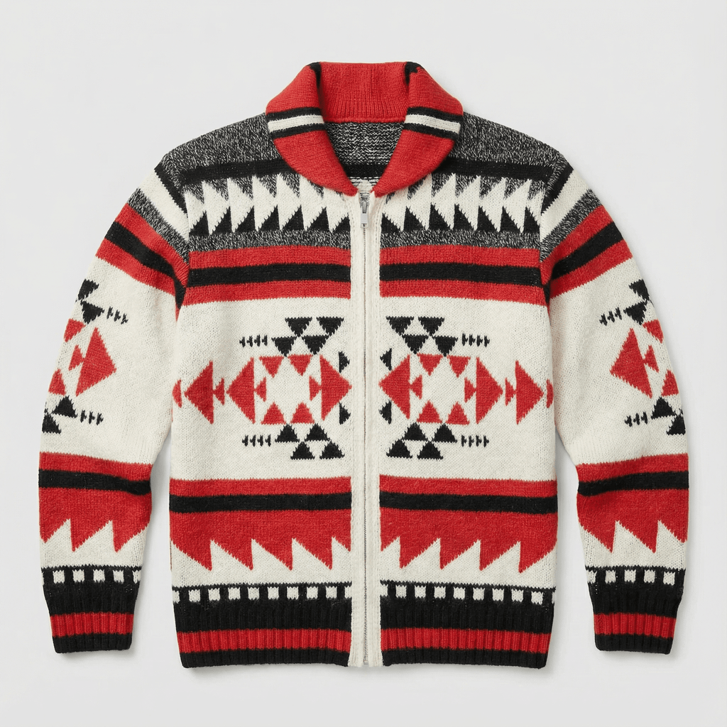 Geometric Pattern Knit Cardigan with Full-Length Zip