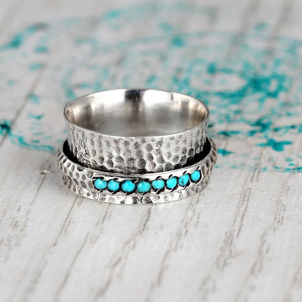 Hammered Silver-Plated Turquoise Spinner Ring