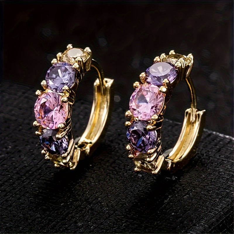 Vintage-Style Purple Zirconia Cluster Hoop Earrings
