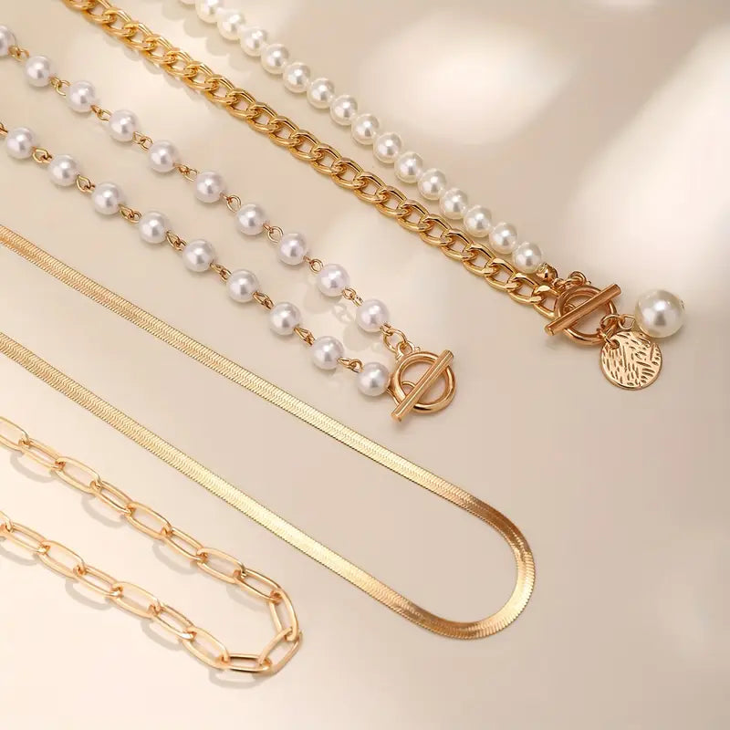 Vintage-Style Pearl and Snake Chain Necklace Set in Gold Tone