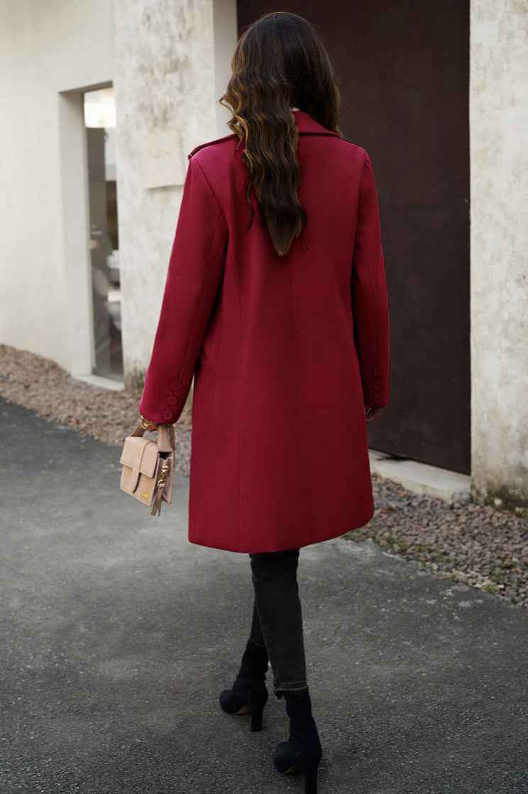 Solid Colour Longline Coat with Notched Collar and Buttons