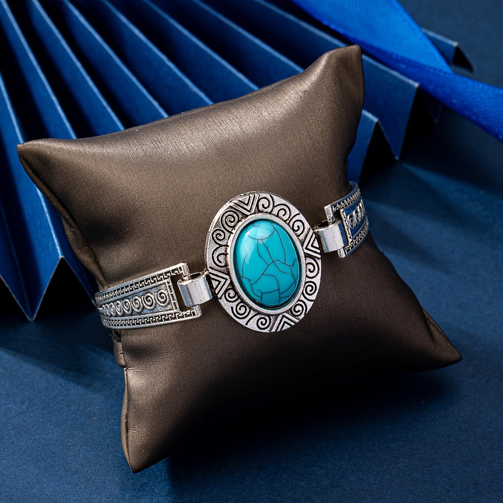 Vintage-Style Silver-Tone Bracelet with Turquoise-Look Accent