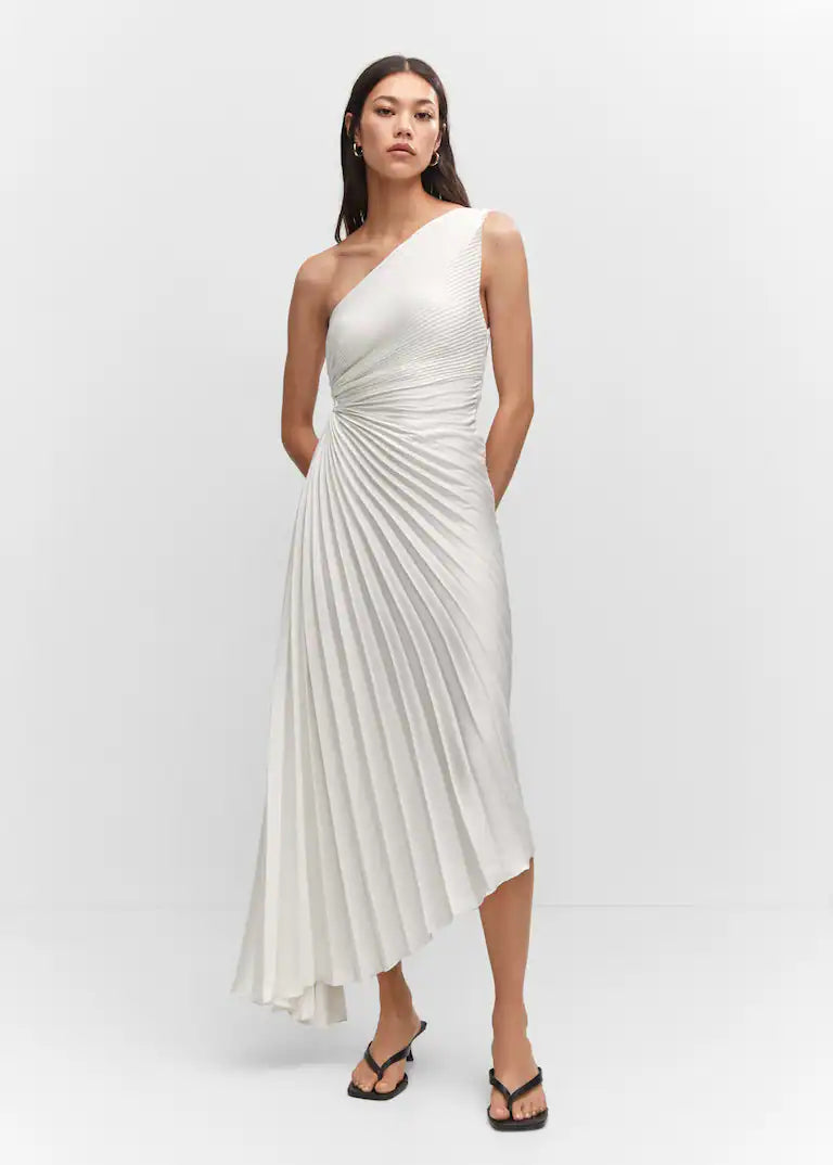 One-Shoulder Pleated Asymmetric Hem Maxi Dress