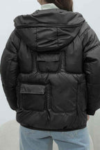 Quilted Hooded Jacket with High Collar and Drawstring Hem