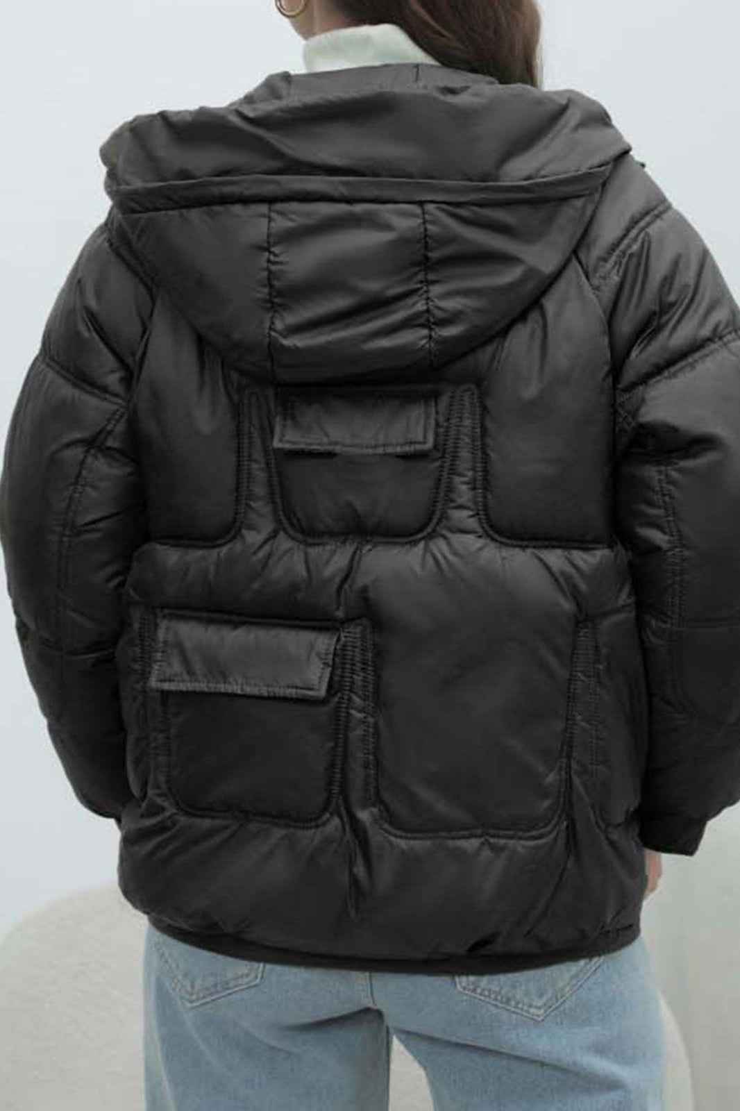 Quilted Hooded Jacket with High Collar and Drawstring Hem