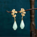 Gold-Tone Ginkgo Leaf and Jade Teardrop Earrings
