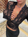 Long Sleeve Lace Wrap Top with Scalloped Neckline