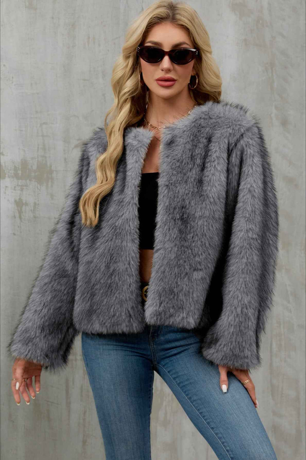 Cropped Plush Cardigan with Crew Neck and Long Sleeves