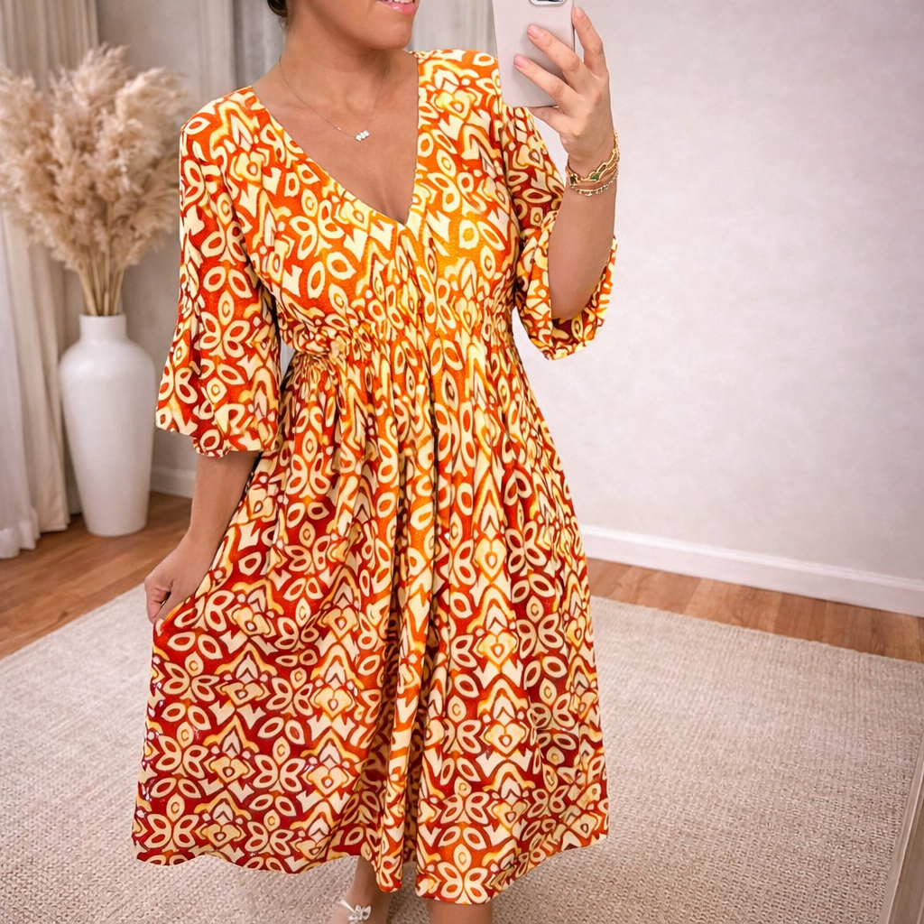A-Line Three-Quarter Sleeve V-Neck Maxi Dress