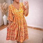 A-Line Three-Quarter Sleeve V-Neck Maxi Dress