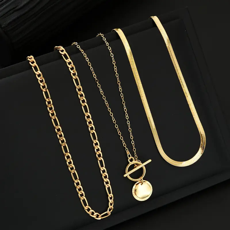 Textured Coin Layered Necklace in Gold Tone