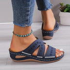 Faux Leather Open-Toe Wedge Heel Sandals with Floral Stitching